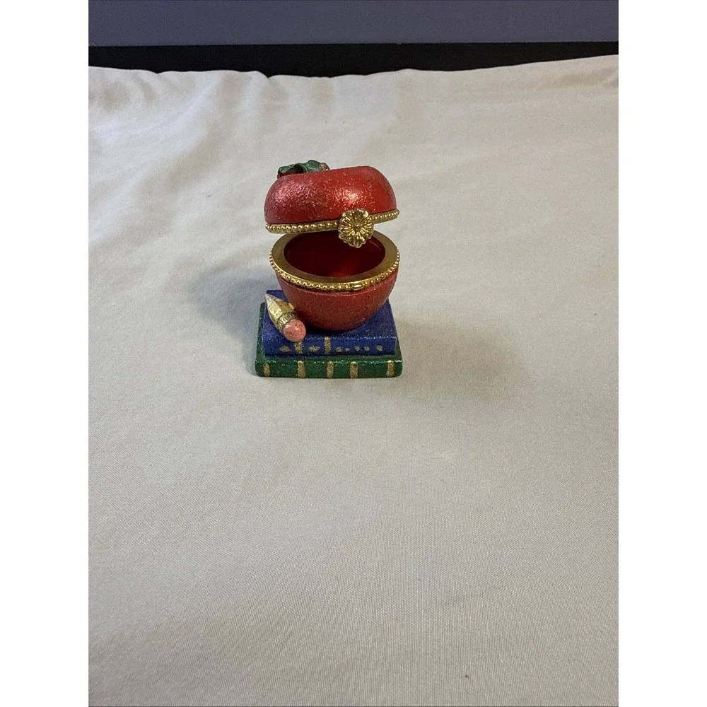 Vintage Porcelain Hinged Apple on Books Trinket Box Teacher Gift Gold Trim